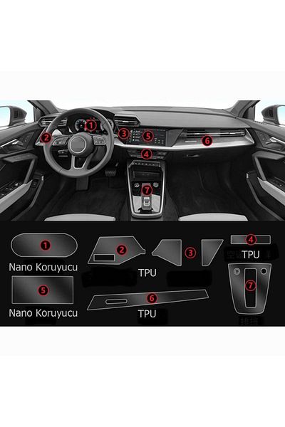 ael-tech Audi A3 - Digital Navigation Instrument, Nano and Piano Black Compatible Tpu Protector, Set of 7 2021 2023