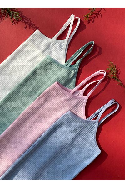 VicTroy Cotton, Lycra Ribbed 4 Pieces Women's Tank Top with Rope Straps (Green, Blue, Pink and Ecru)