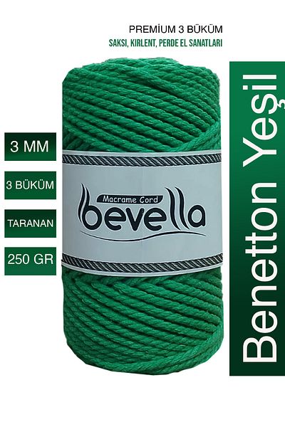 Bevella Macrame Cord Benetton Green - 3 Twist Twists, 3 mm βαμβακερό σχοινί μακραμέ, 250 γρ.
