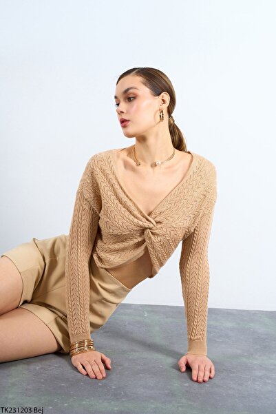 Ladyone Women's Knitwear Sweatshirt Cross-Knot Front V-Neck Standard Size