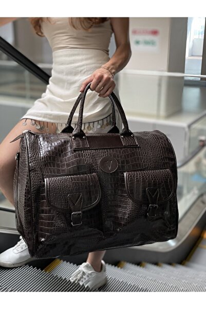Vendetta Çanta Unisex Koyu Kahverengi Kroko El Valizi Seyahat Çantası