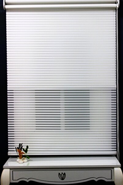 AlpiNaz Stor Perde Çift Mekanizmalı Kalın Çizği Tül & Mat Beyaz Stor %80 Işıg...