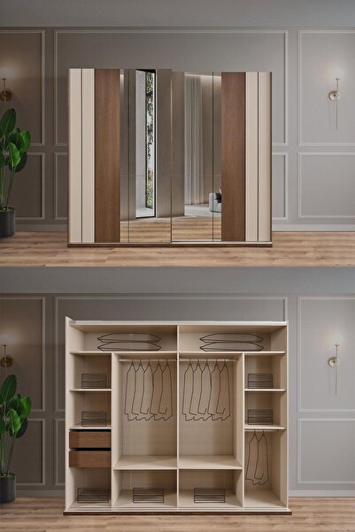 Genel Markalar Viva Gardırop Sürgülü Dolap Elbise Dolabı Gold Yatak Odası Modern Aynalı Gardırop