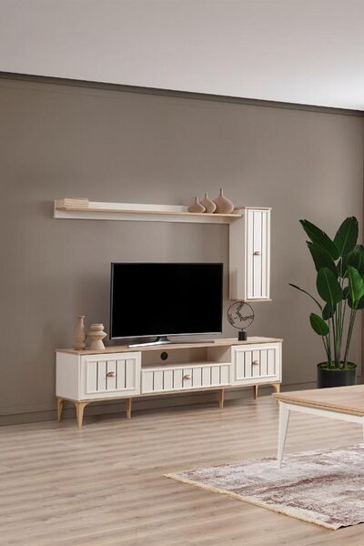 BuğdaycıGrup Bella 200 Tv Ünitesi Televizyon Sehpası Duvara Monte Dolaplı Kapaklı Çekmeceli Raflı Tv Sehpası