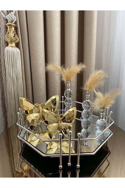 Housess Mirrored Honeycomb, Silver Decorative Tray with Marbles, 3-Piece Feather Holder and 2-Piece Butterfly