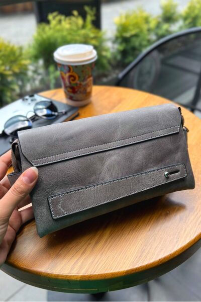 Noppa Hakiki Deri Unisex Çanta Fermuarlı Mıknatıslı Ve Telefon Bölmeli Gri Gerçek Deri El Çantası