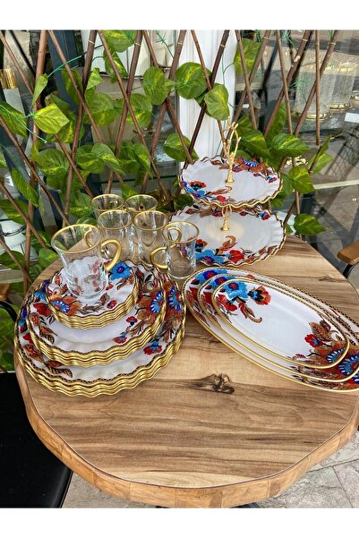 GÜRCÜGLASS Kahvaltı Ve Sunum Seti Beyaz Çiçek Altın 28 Prç Kulplu