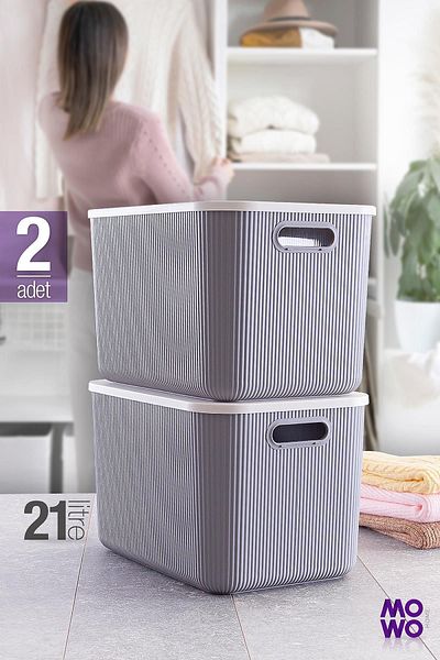 Mowo Home Trove 21 Liter Gray Storage Box - 2 Pieces, Multi-Purpose In-Cabinet Organizer with Lid