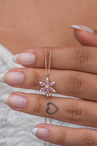 Nereze 925 Ayar Gümüş Pembe Taşlı Lotus Kamelya Çiçeği Kolye