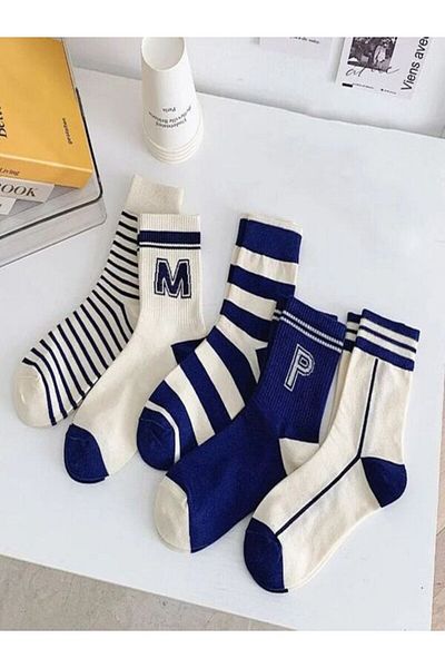 Sky Socks Комплект от 5 икономични унисекс ароматизирани чорапи до глезена с райета в синьо