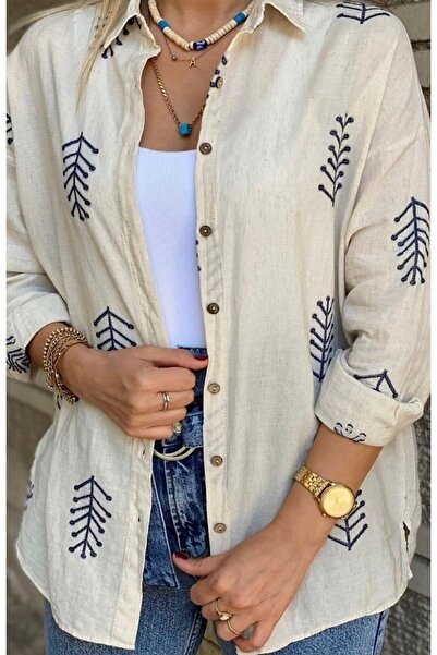 Cardella Πουκάμισο από λινό βαμβακερό κεντημένο με φαρδιά εφαρμογή σε φυσική ...