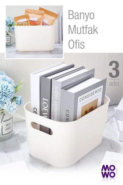 Mowo Home Alegra 4 Lt Cream 3 Pieces In-Cabinet Organizer Basket, Decorative Storage Box, Bathroom and Kitchen Organizer