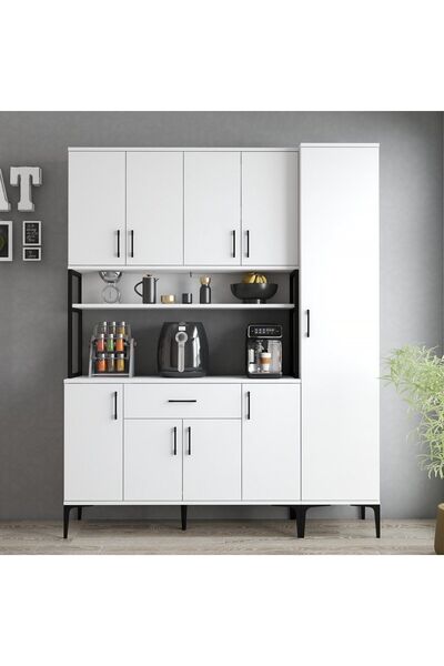 Tanmob MDL0501 Alt Üst Tek Kapılı Çok Amaçlı Dolap 8 Kapaklı Çekmeceli Raflı Beyaz