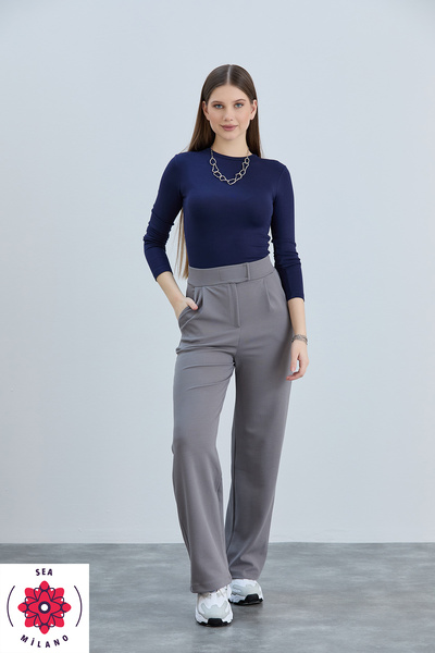 sea milano Pantaloni Palazzo din Lycra cu talie înaltă gri - Închidere cu velcro, talie elastică și elastică