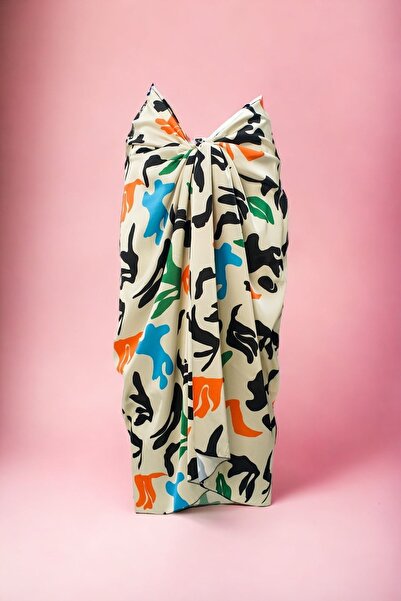 pistore Cream Pop-art Patterned Long Pareo Satin No Inner Display Women's Beach Dress New Season