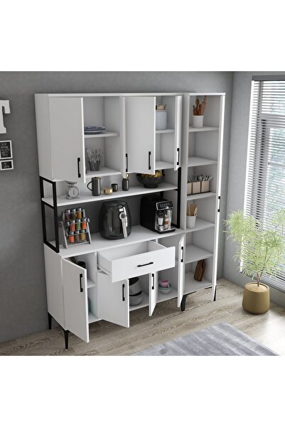 Tanmob MDL0501 Alt Üst Tek Kapılı Çok Amaçlı Dolap 8 Kapaklı Çekmeceli Raflı Beyaz