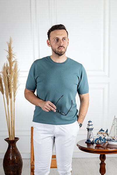 Sarar Πετρόλ Πράσινη Λεπτή Τρικοτένιο T-Shirt - Στρογγυλή Λαιμόκοψη, Σχέδιο Wrap, Βασικό Μοντέλο