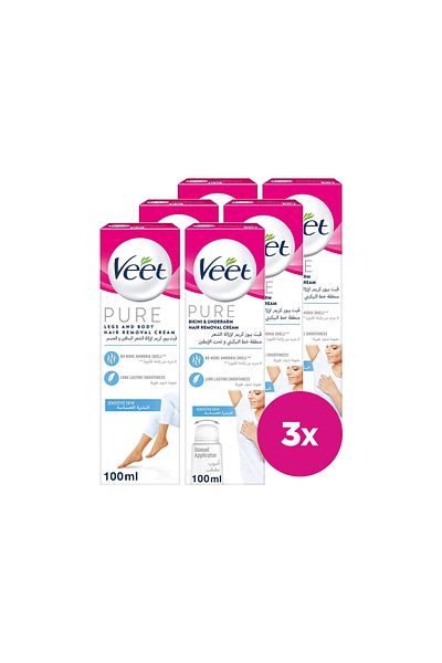 Veet Pure Legs and Body Hair Removal Cream with Domed Applicator 100ml Pack of 2 x 3 Packs