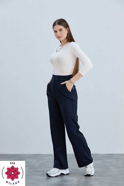 sea milano Pantaloni de damă din lycra bleumarin - Închidere cu velcro, confortabil Palazzo cu talie înaltă