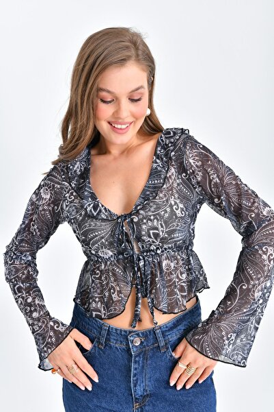 Bien Blusa Siyah Etnik Desenli Bağlama Ve Fırfır Detaylı Crop Esnek Tül Örme ...