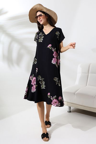 LİKAPA Plus Size Viscose Dress - V-neck, Short Sleeve, Summer 2688