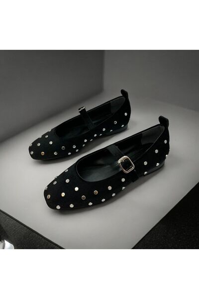 runa shoes siyah metal zımbalı kadife babet