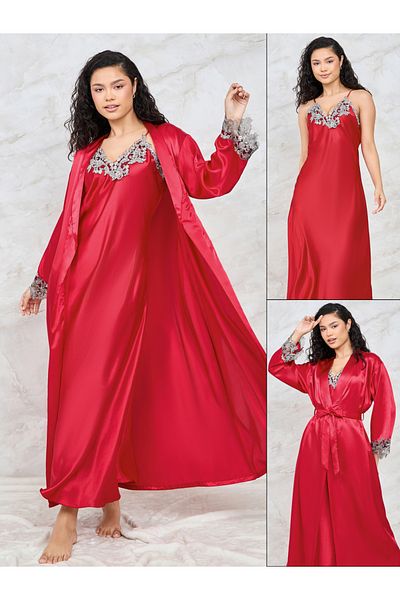 Styli Pack of 2 - Embroidered Trim Maxi Slip Dress & Robe
