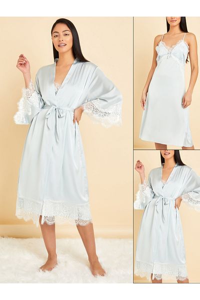 Styli Pack of 2 - Lace Trim Insert Satin Nightie and Robe