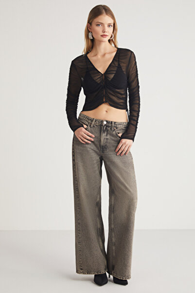 GRIMELANGE Rıta Kadın Uzun Tül Kollu Crop Esnek Örme Kumaş Regular Fit Siyah Bluz