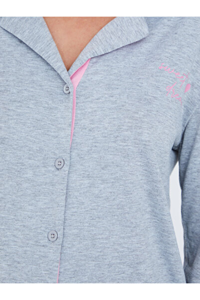 Styli Contrast Seam Slogan Button Through Shirt and Pyjama Set