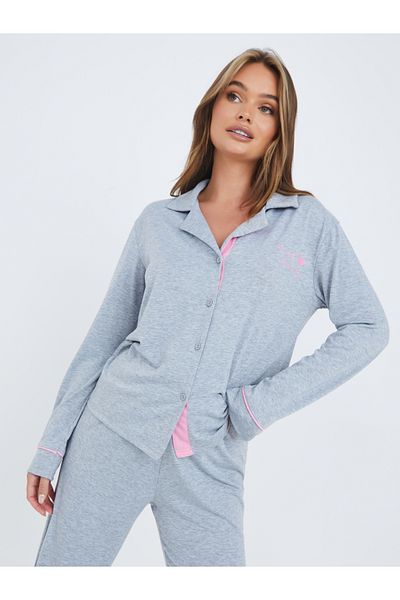Styli Contrast Seam Slogan Button Through Shirt and Pyjama Set