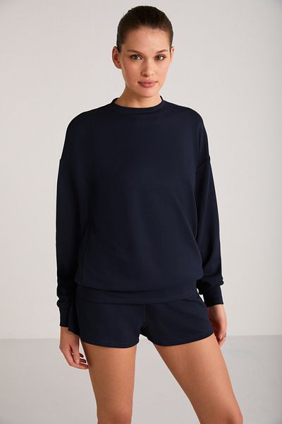GRIMELANGE Maısıe Women's Organic Cotton Comfort Fit Crew Neck Navy Blue Sweatshirt