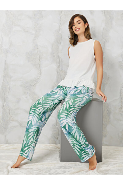 Styli طقم بيجامة من سترة بحاشية مكشكشة وطبعة أوراق النخيل