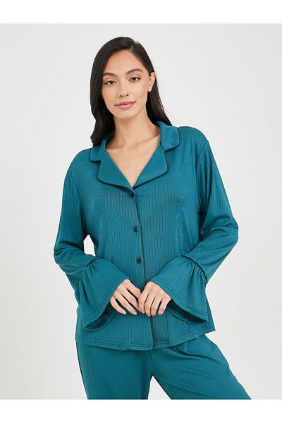 Styli Ribbed Ruffle Sleeves Contrast Piped Shirt and Ruffle Hem Pyjama Set