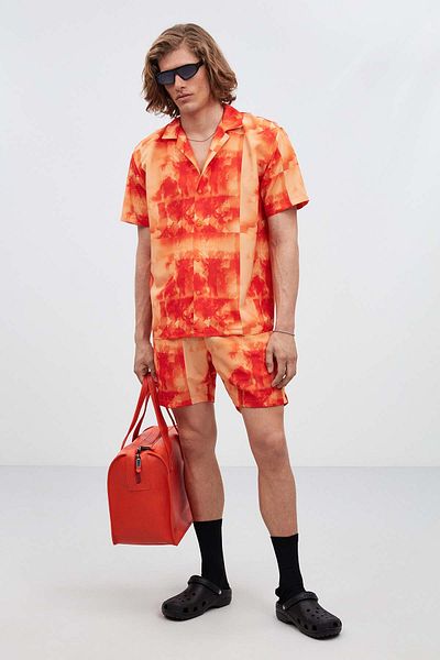 GRIMELANGE Playa Men's Print Shirt Lapel Buttoned Summer Orange Shirt