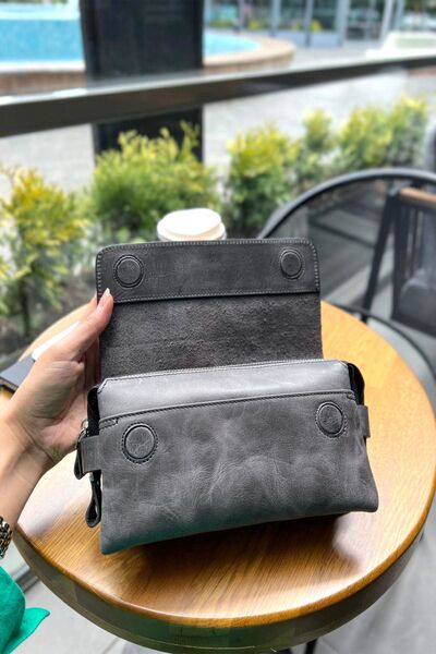 Noppa Hakiki Deri Unisex Çanta Fermuarlı Telefon Bölmeli Antrasit Deri El Çantası