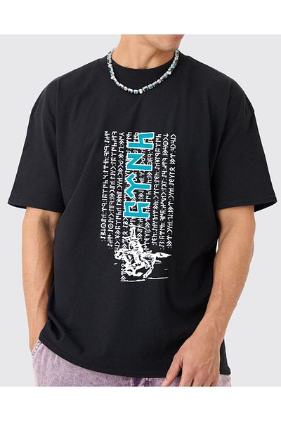 VEK Orhun Inscriptions Tricou albastru supradimensionat cu model cu alfabet Gokturk - imprimat intern