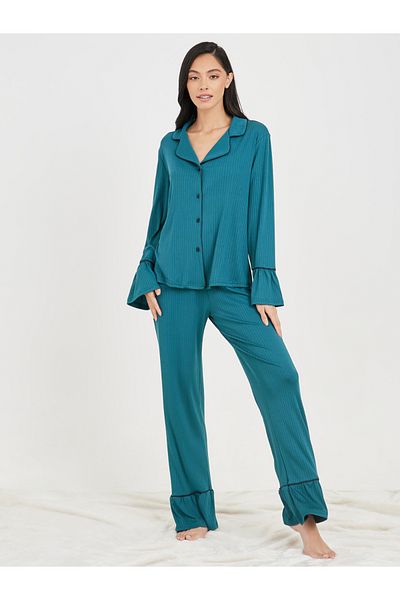 Styli Ribbed Ruffle Sleeves Contrast Piped Shirt and Ruffle Hem Pyjama Set