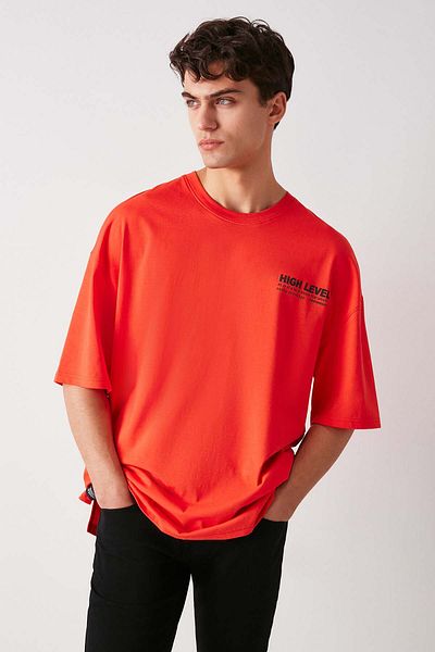 GRIMELANGE Hıgh Men's Oversize Fit 100% Cotton Thick Textured Printed Red T-shirt