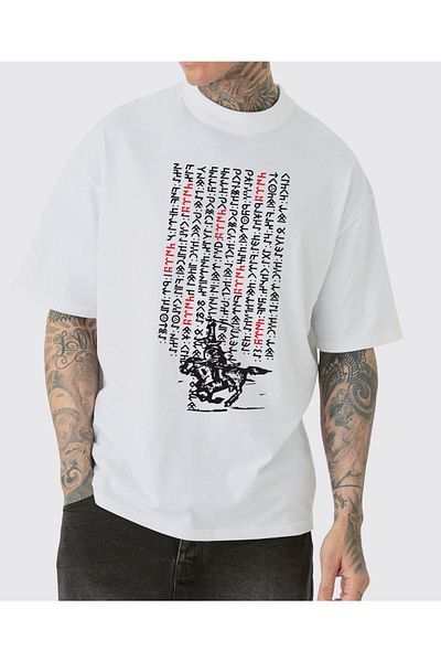 Uniquetex Göktürk Alphabet Patterned - Orhun Inscriptions Τουρκική στάμπα μπλουζάκι Oversize