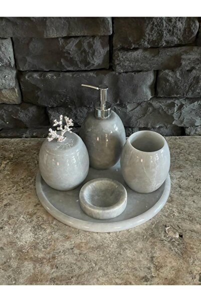 Polen Stone Gri Doğal Mermer Gümüş Mercan Aksesuarlı Oval 5,li Banyo Seti