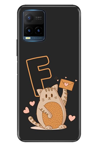 vivo Y21s Uyumlu Kılıf Resimli Desenli Silikon Kedili F Harfi