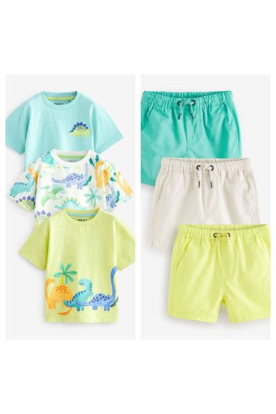 Next Baby Green Dinosaur Patterned 100% Cotton Short Sleeve T-Shirt and Shorts - Set of 3