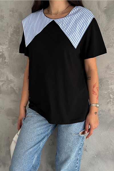 FEMELLE Tricou de damă din bumbac negru - Detaliat guler