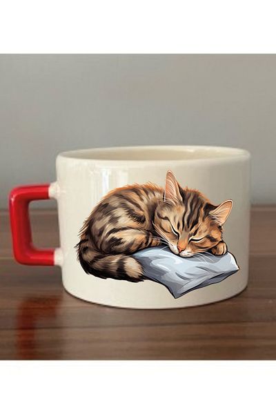 lili hediyelik Tabby Cat Printed Sleeping Cup Mug - Ceramic Tea and Coffee Gift Cup