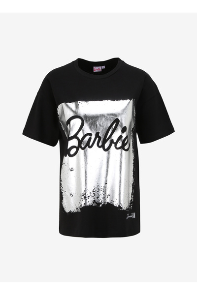 Barbie Siyah Kadın Bisiklet Yaka Relaxed Baskılı T-Shirt BRB4SL-TST6050