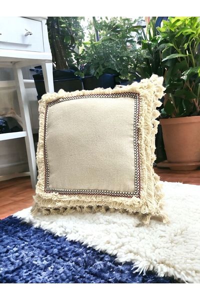 NDC HOME Four-Edge Tasseled Linen Cream Throw Pillow Cushion Cover43x43][