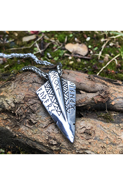 Viking Nordik İşleme Ok Ucu Runik Sembollü İskandinav Model 316l Çelik Unisex Kolye - 50 cm