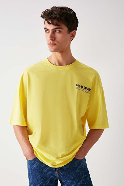 GRIMELANGE Υψηλή ανδρική μπλούζα υπερμεγέθη 100% βαμβακερή υφή με στάμπα κίτρινο