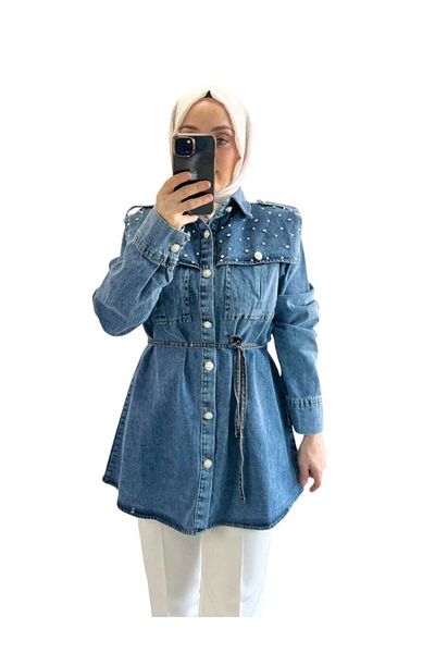 MODAMERSİ Cămașă Hijab din denim pentru femei cu perle albastre și piatră